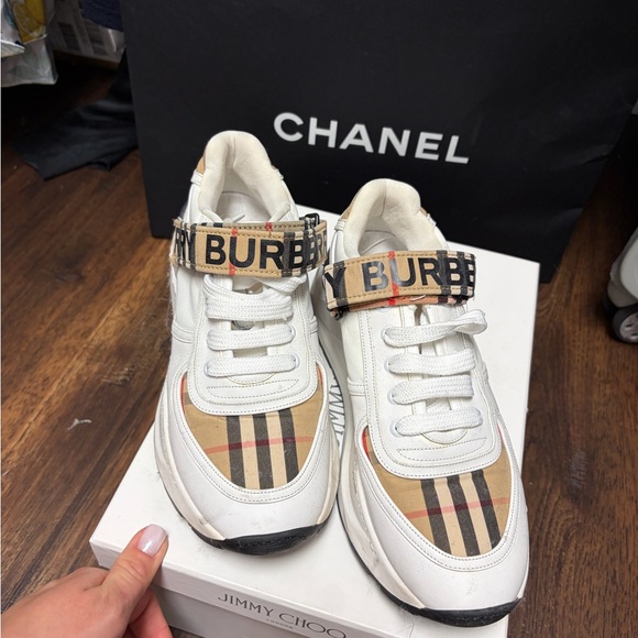 Burberry Shoes - Burberry White and Brown Plaid Sneakers size 39